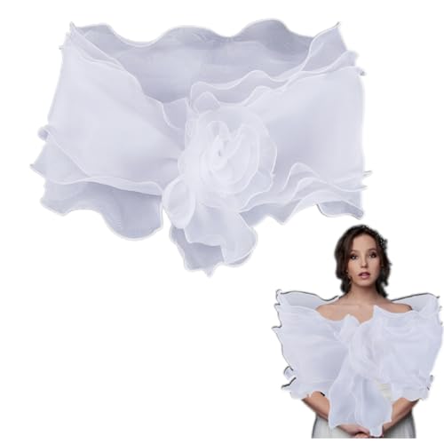 White Chiffon Shawl Wrap Ruffle Trimming Vintage Sheer Silk Fabric Cape Pleated Wave Floral Edging Detachable Soft Collar for Wedding Bridal Decoration Women Party Birthday Dresses Clothes