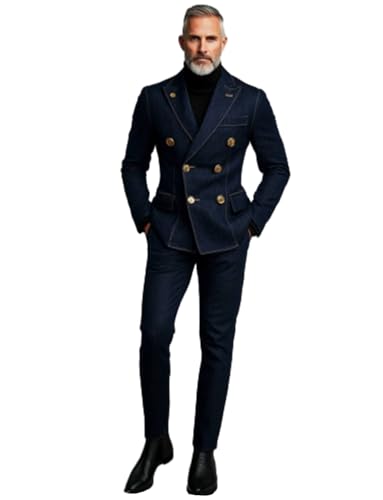 Kromoc Men's 2-Piece Denim Suit Peak Lapel Double Breasted Buttons Wedding Prom Jacket Pants