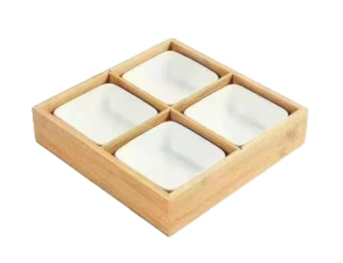 DYElite 皿、小皿セット、和風、竹、陶器、前菜、盛り鉢、深型、仕切り付き、天然木、9点小鉢セット、醤油差し、和食器、陶器、アイスクリーム、ソース差し、鍋、バーベキュー、寿司屋、食器洗浄機 (竹製 9仕切り) (ホワイト,20*20*4.5cm)