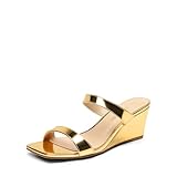 DREAM PAIRS Women Slides Wedge Sandals Square Open Toe Dress Casual Strappy Summer Shoes,Size 11,Gold-Pat,SDPW2302W