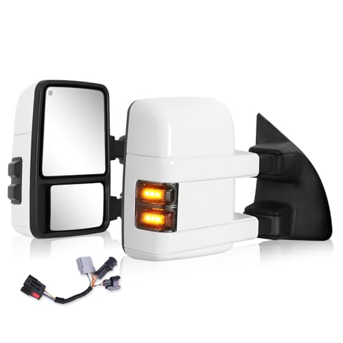Towing Mirrors for 1999-2016 Ford F250 F350 F450 F550 Super Duty 2000-2005 Ford Excursion with Power Glass Heated Function Turn Signal Light Running Light Pair Set with Adapter Painted White