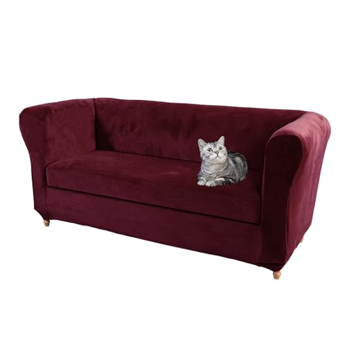 Funda elástica de terciopelo para sofá de dos plazas curvada, funda de muebles vintage con cojín, color rojo vino de 2 plazas + funda de cojín grande