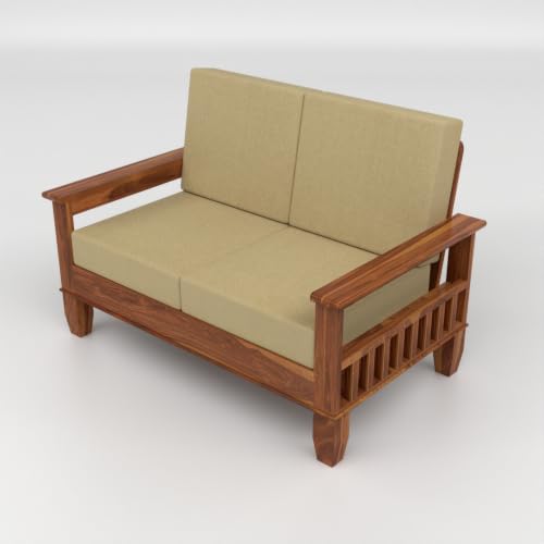 Image of Solid Sheesham Wood 2 Seater Sofa for Living Room | Premium Wooden Loveseat with Side Magazine Rack | Cushioned Fabric Seat | Modern Solid Wood Sofa for Home & Office