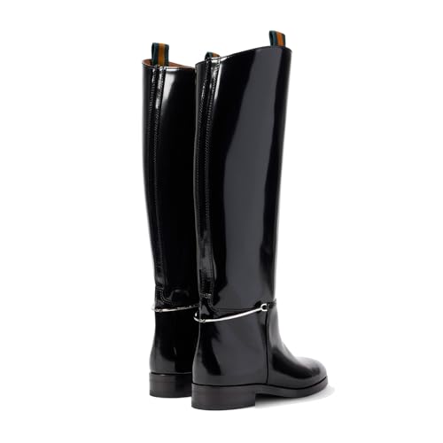Women's Knee High Riding Boots - Pointed Toe Pull-On with Ankle Chain, Chunky 1" Heel & Patent Leather, All-Season Casual/Formal Dress Boots4