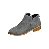 Ankle Boots for Women Chunky Low Stacked Heel Western V Cut Booties Comfortable Pull on Short Boot Faux Suede Pointed Toe Dress Booties Vintage Casual Fashion Spring Shoes Walking Shoes Gray