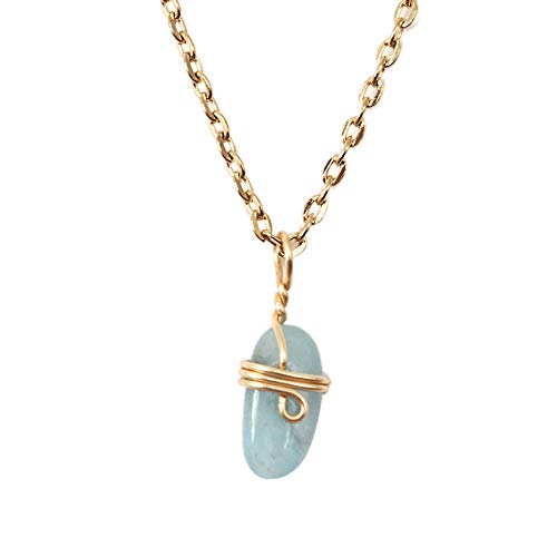18K Gold Plated Genuine Birthstone Aquamarine Charm Pendant Necklace For Women - Birthstone Gemstone Crystal Healing Chakra - 18 Inch Chain - Jewelry For Men & Women Anniversary Handmade Gift