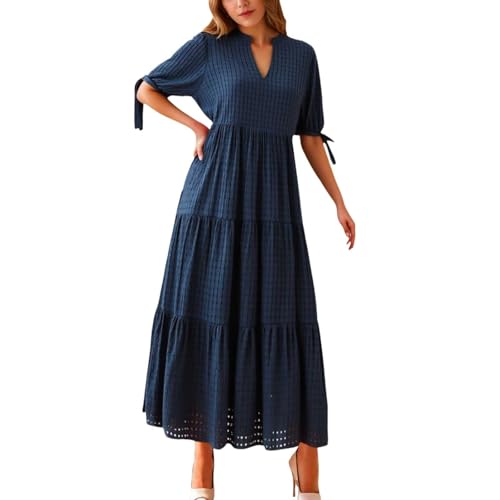 Generisch Robe d'été Femme Robe Midi Décontractée pour Femmes: Manches Courtes, Col en V, Empire, Vichy, Mode Printemps Mode Tendance Robe de Soirée...