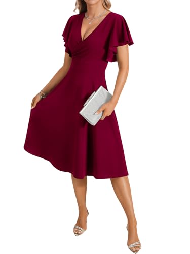 LYANER Women's Warp V Neck Ruffle Short Sleeve A Line Swing Flared Cocktail Party Midi Dress4