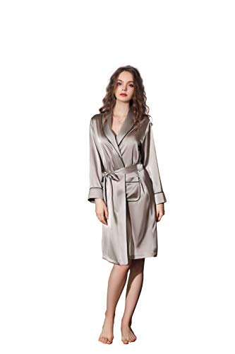 Damen Bademantel Bademantel-Nachtkleid-Kimono-Satin sexy Tasche V-Ausschnitt Robe mit Gürtel Nachthemd Brautpyjama Valentinstag (grau) Cover