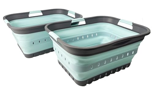 Image of SAMMART 42 (11 Gallons) Collapsible Plastic Laundry Basket, Foldable Pop Up Storage Container /Organizer, Space Saving Hamper, Portable Bin for Dorm Room Bathroom (2, Grey /Lake Green)