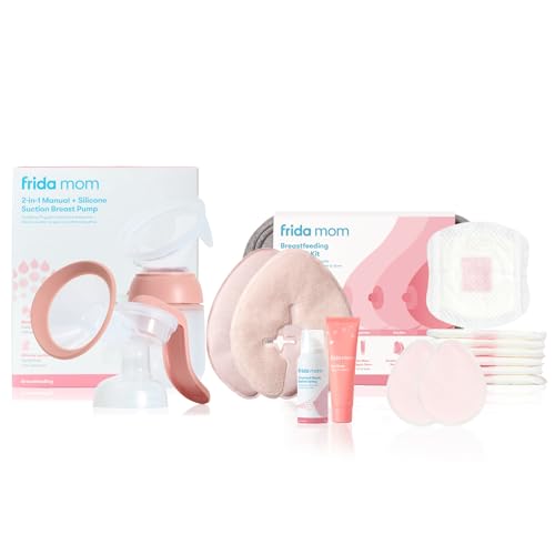 Image of Frida Mom Breastfeeding Survival Kit and 2-in-1 Manual Breast Pump Bundle, 11pc Gift Set + Hands-Free Silicone Suction Cup Milk Collector and SoftFeel Flange for Breastfeeding