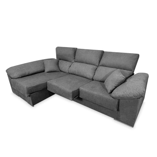 amuéblate online - Sofá Chaise Longue Izquierdo con Arcón de Almacenaje y Asientos Extensibles, Modelo Samira, Moderno, Práctico y Funcional, Reclinable, Color Grafito