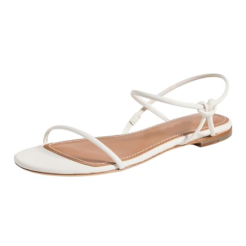 Strappy Flat Sandals for Women Round Open Toe Slip on Ankle Strap Backless Sandals Slingback Casual Vacation Dressy Shoes 5.5 White
