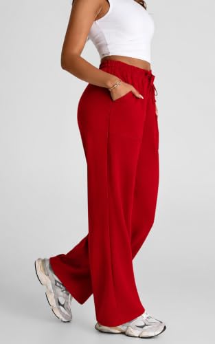 Image of Q - RIOUS Women's Wide Leg High Waisted Baggy Lounge Sweat Pants Drawstring Athletic Flared Joggers with Pockets