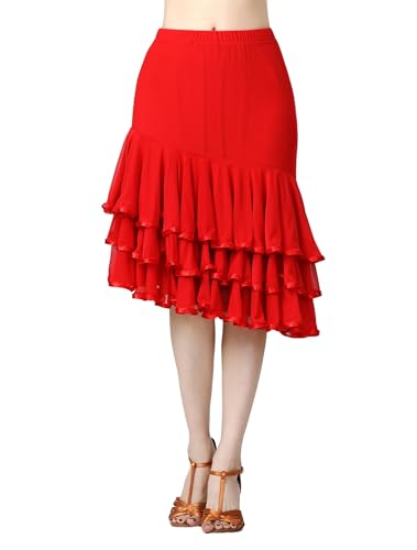 CISMARK Elegant Ballroom Dance Latin Dance Party Long Swing Mesh Race Skirt for Women