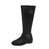 Women's Knee High Boots Stretchy Fashion Riding Boot Flat Low Chunky Heel Buckle Strap Winter Motorcycle Shoes