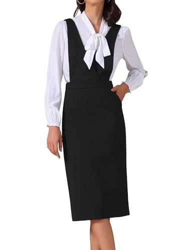 Allegra K Women Pinafore Dress Stretchy Sleeveless V Neck A-Line Overalls Jumper Dresses with Pockets