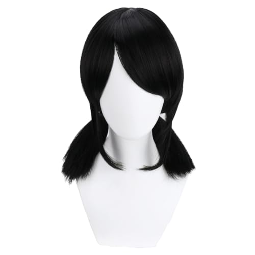 Image of Black Wig with Bangs Black Short Wig with Two Pigtails Black Straight Wigs for Women Cosplay Synthetic Wigs with Wig Cap