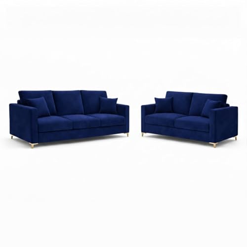 Image of Hayes Rich Velvet Suede 3 Seater + 2 Seater Sofa Set with Ottoman | Golden Aesthetic Legs | 6 Person Seating Capacity | Spacious Soft Touch Comfort | Modern Living Room Sofa (Dark Blue)