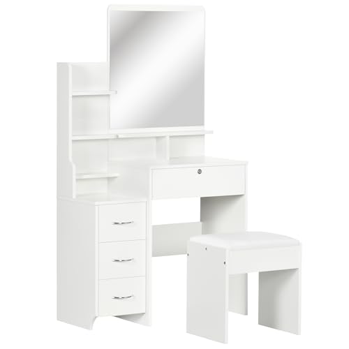 HOMCOM Tocador de Maquillaje con Taburete y Espejo Mesa de Maquillaje con 4 Cajones 4 Compartimientos de Almacenamiento Estilo Moderno 80x38x143 cm Blanco