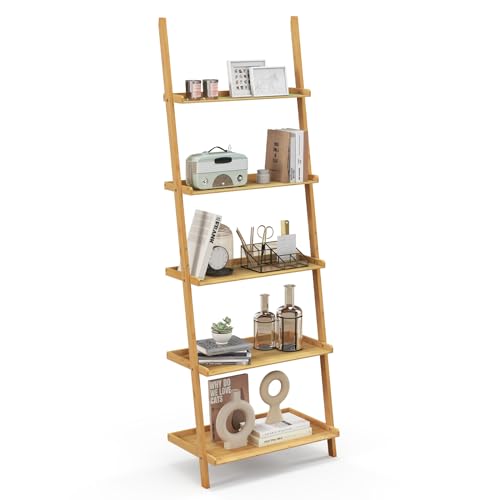 Tangkula 5-Tier Ladder Shelf Bookcase, Bamboo 72”H Wall-Leaning Bookshelf with Baffles and Anti-Tipping Kits, Plant Stand for Living Room Bathroom Home Office Decor, Ladder Bookshelf, Natural