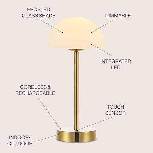 Image of JONATHAN Y Xavier 12.5 inch Metal Cordless LED Table Lamp, Brass Gold | Rechargeable, Dimmable Touch Sensor, White Frosted Glass Dome, Portable Minimalist Accent Light, Integrated Bulb Included