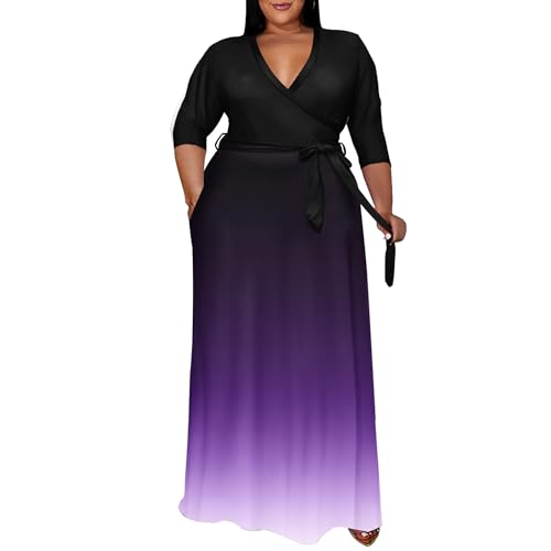 Image of Runwind Plus Size Maxi Dresses - 3 /4 Sleeve V Neck Long Dress for Women (XL-6XL)