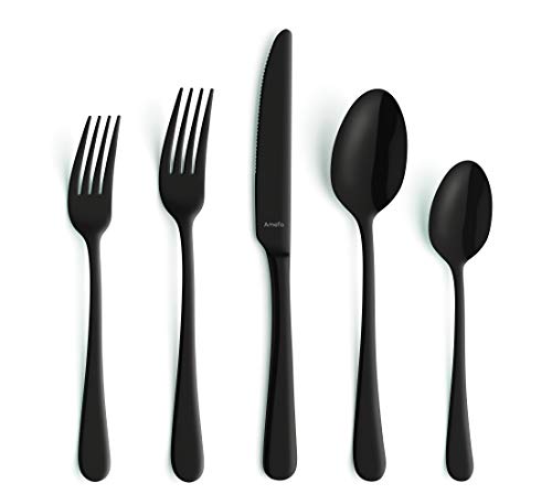 Amefa Austin 18/0 Stainless Steel Flatware Set - Matte Black 20-Piece Knife, Fork, and Spoon Cutlery - Service for 4 - Modern Silverware Set