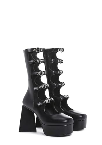 Lamoda Padlock BlackPU Platform Calf Boots with Chunky Heel, Trendy Lace-Up and Padlock Detail, Streetwear Fashion Statement, Comfortable Durable PU Upper Footwear UK6