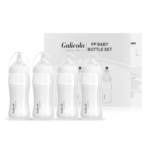 Image of Gulicola PP Baby Bottles for Breastfed Babies, Fast Flow Nipples (L), 6 Months Plus, Wide Neck, BPA Free, 10 oz & 4 Pack - White