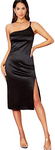 Romwe Women's Elegant One Shoulder Sleeveless Split Hem Satin Party Cocktail Midi Dress Black X-Large