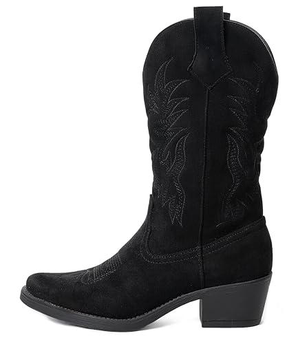 URBAN ROSA Stivali Texani Donna Cowboy Western con Punta Ricami e Tacco Largo Stivaletti Chic 957 (Nero Suede, 40 EU, Adulto, 40, Numero, Sistema Taglie Calzature EU, Media)
