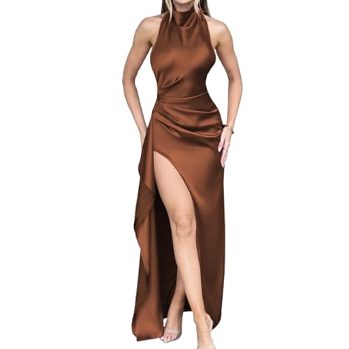fdsmallDamen Satin Maxi Kleid Seite Schlitz Ärmellos Bodycon Langes Kleid Hochzeitsgast Elegante Cocktail Sommer Midi Kleider (DE/NL/SE/PL,...