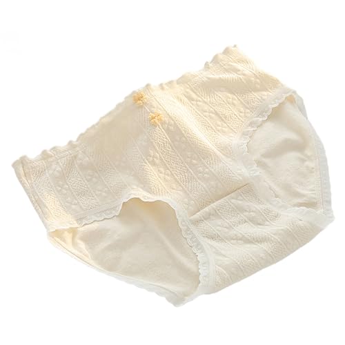 YROHGKPN Ropa interior japonesa de algodón liso con flores lindas para mujeres y niñas, elegantes volantes, ribete de encaje, cintura media, bragas, ropa interior de algodón, beige, M