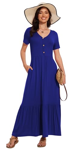 Image of VIISHOW Women's Short Sleeve Maxi Dress 2026 Summer V Neck Knit Loose Plain Empire Waist Casual Dresses with Pockets