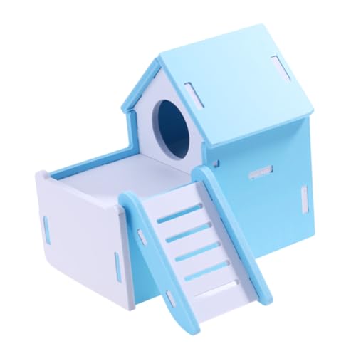 HIAKDOFT Cama para Hámster de Madera Natural Casa Doble Piso con Escalera Refugio Seguro y Cómodo para Pequeños Roedores Color Azul Accesorio Habitat para Mascotas Pequeñas