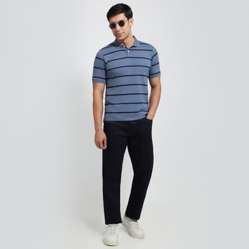 Image of Raymond Men Modern Fit Stripe Pattern Pure Cotton Polo Neck Half Sleeve Casual T-Shirt