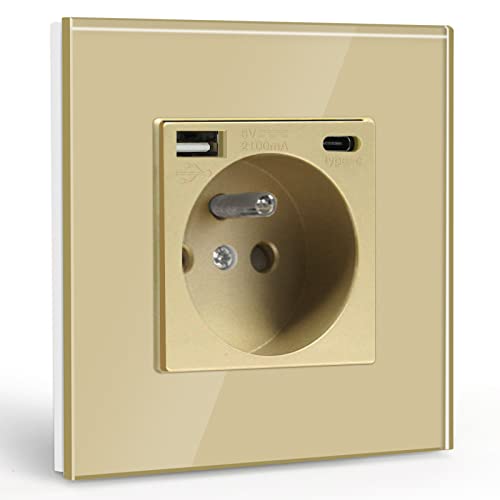 BSEED Prise Murale avec USB et 1 Type C,16A Prise de Courant Alternatif avec Panneau en Verre,Multiprise Murale Max 2.1A,Convient au Smartphone, à la Tablette...