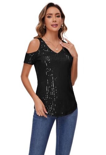 Womens Sparkly Sequin Top V Neck Cold Shoulder Glitter Short Sleeve Dressy Party Blouse Shirts3