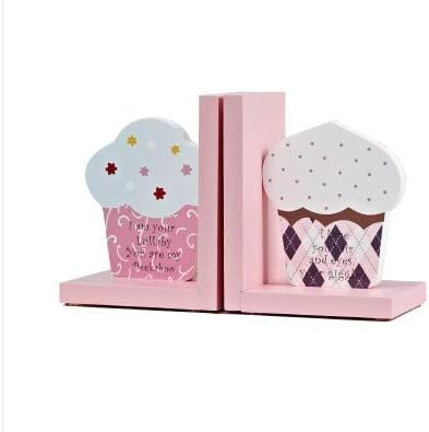 Wood Nursery Room Decorative Bookends Pink Flower/Guitar/AZ/Cupcake Bookends Baby Kids Gift Idea (Cupcake)