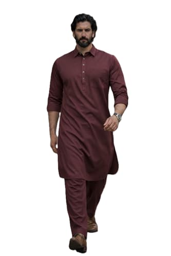 Image of See Designs Men's Full Sleeve Shirt Collar Solid Pathani Kurta with Salwar