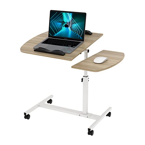 Mesa de cama con rueda, escritorio de pie móvil ajustable en altura de 61,5 – 96 cm con 4 ruedas, giratoria de 360 °, ruedas bloqueables, mesa para ordenador para sala de estar, dormitorio (Wood)