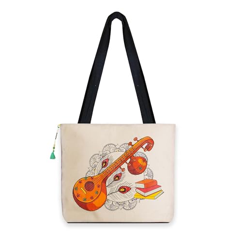 Image of Hand-Printed Tote Bag with Classical Design-Reusable, Zipper Closure For Women & Girls