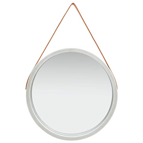 vidaXL Espejo de Pared con Correa Redondo Colgante Armario Baño Antiguo Retro Consumo de Maquillaje Decoración Hogar Sala Plateado 60 cm