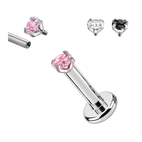 Image of Titanium G23 Internally Threaded CZ Earring - High Polish 16G for Ear, Helix, Tragus, Nose & Lip - Hypoallergenic 4 mm Flat Back with Clear, Pink, Black tops in 7mm and 8mm Length - SOLD AS ONE PIECE