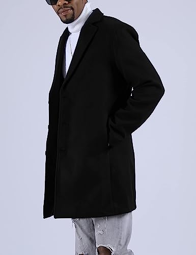 Springrain Men's Wool Blend Pea Coat Notched Collar Single Breasted Overcoat Warm Winter Trench Coat(Black-M)