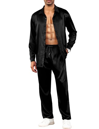 LecGee Mens Silk Satin 2 Piece Outfit Long Sleeve Lapel