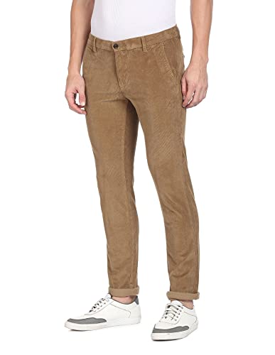 Image of Men Brown Mid Rise Corduroy Solid Casual Trousers