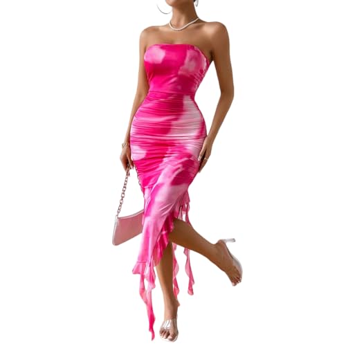 LIGHT DOT Women's Summer Midi Dress 2025 Tassel Tie Dye Strapless Tube Bodycon Side Slit Mesh Layered (Fuchsia, XS)