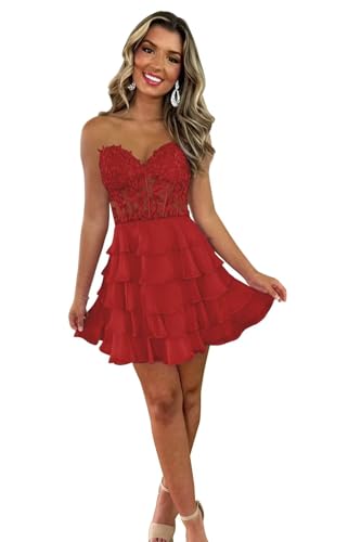 Tiered Lace Homecoming Dress Corset Strapless Chiffon Ruffle A Line Cocktail Sweet 16 Party Ball Gowns with Slit